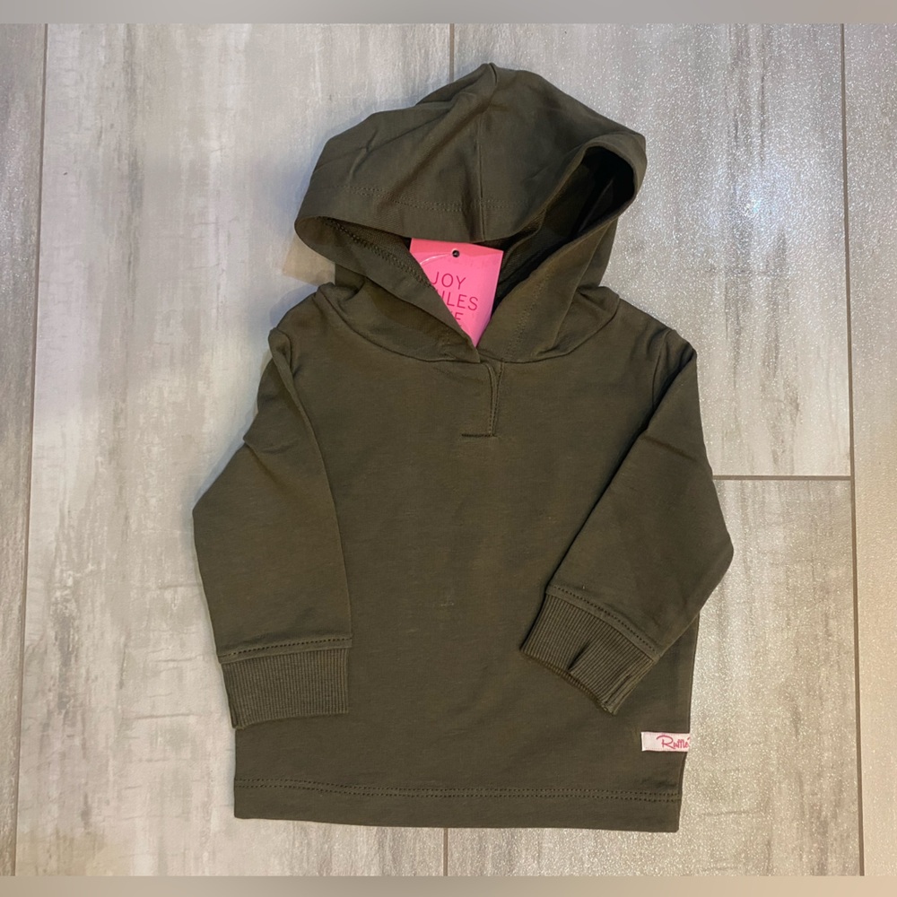 NWT RuffleButts Juniper Army Green Hooded Long Sleeve Sweatshirt, girls 3-6M